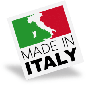 Etichetta "Made in Italy" con mappa stilizzata.