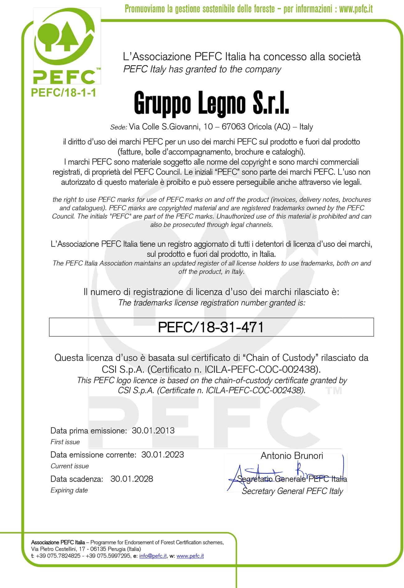 Certificato PEFC per Gruppo Legno S.r.l., Italia.