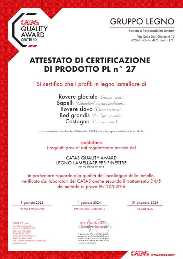 Certificato di qualit&agrave; per legno lamellare, Gruppo Legno.