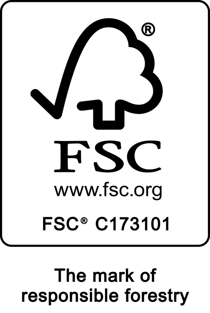 Logo FSC con albero stilizzato e testo informativo.